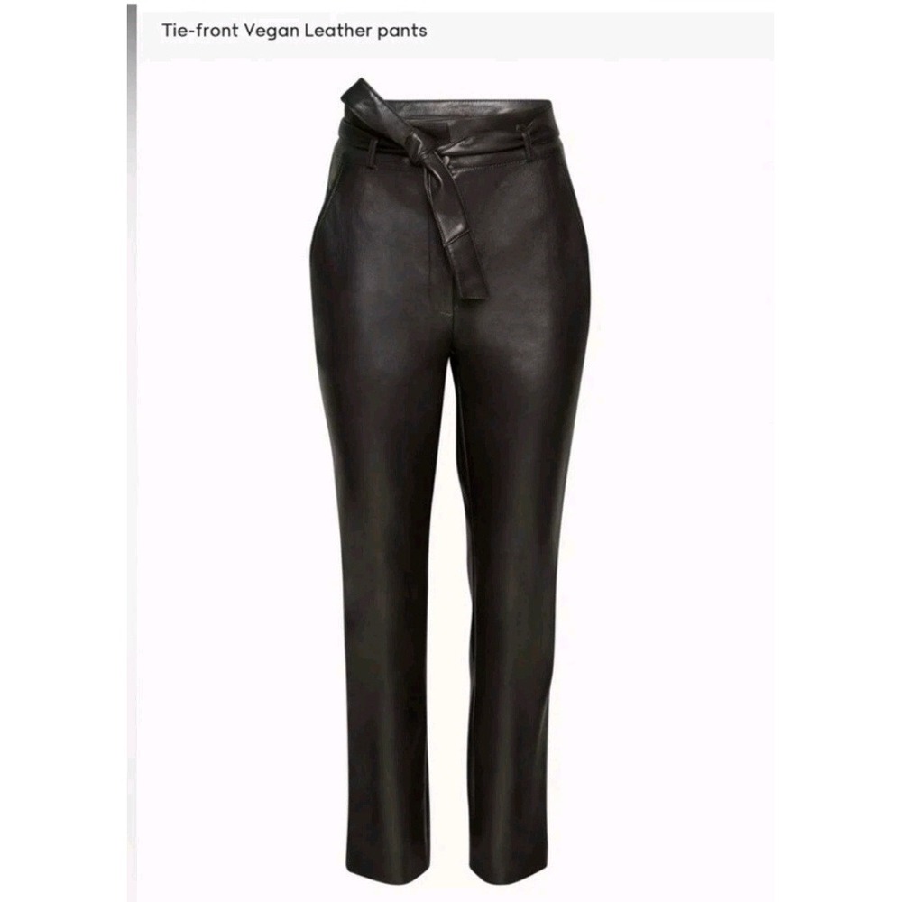 Aritzia Babaton Tie Front Vegan Leather Pants Black High Waisted Straight Leg 4 - Picture 1 of 12